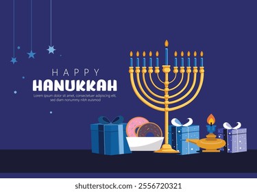 A serene Hanukkah scene featuring Menorah, Gifts, and Festive Desserts on blue backgroud.