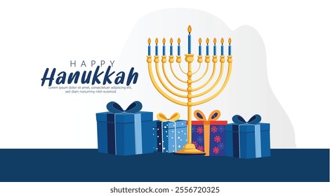 A serene Hanukkah scene featuring Menorah, Gifts, and Festive Desserts.