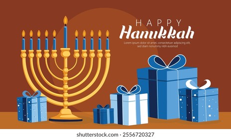 A serene Hanukkah scene featuring Menorah, Gifts, and Festive Desserts.