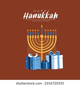 A serene Hanukkah scene featuring Menorah, Gifts, and Festive Desserts.