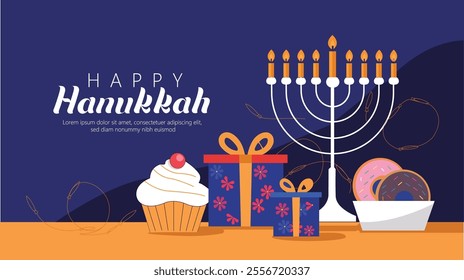 A serene Hanukkah scene featuring Menorah, Gifts, and Festive Desserts.