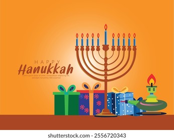 A serene Hanukkah scene featuring Menorah, Gifts, and Festive Desserts.