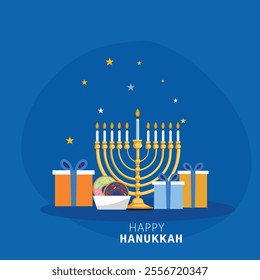 A serene Hanukkah scene featuring Menorah, Gifts, and Festive Desserts on blue backgroud.