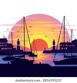 A serene harbor scene at sunset featuring sailboats docked and two lighthouses.