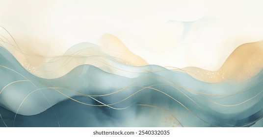 Serene harmonious watercolor artwork of gentle, panoramic landscape in soft hues of blue and gold, a sunrise over rolling hills or waves. Abstract flowing lines of aerial view, beauty and tranquility 