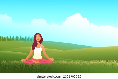 Serene Harmonie, Illustration mit einer schönen Frau Yoga inmitten einer weiten und ruhigen Wiese. Eine Szene, die das Wesen des inneren Friedens, des Wohlbefindens und der Verbindung mit der Natur erfasst