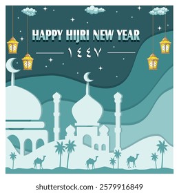 Serene Hijri New Year celebration featuring a mosque silhouette, hanging lanterns, stars, and camels under a tranquil night sky. Flat vector modern illustration 