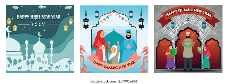 Serene Hijri New Year celebration. A family celebrating Islamic New Year. A family reading religious books inside a beautifully decorated archway with hanging lanterns. 