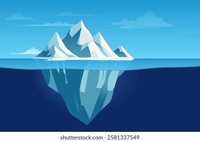 Serene iceberg floating majestically in tranquil ocean, emphasizing beauty and mystery of nature's frozen formations above and below water. Vector illustration.