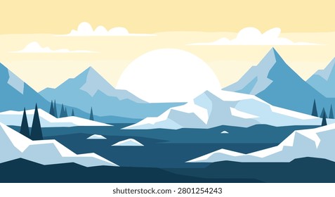 A serene icy landscape featuring sharp, snow-capped mountains and floating icebergs on a frozen lake under a pale, rising sun.