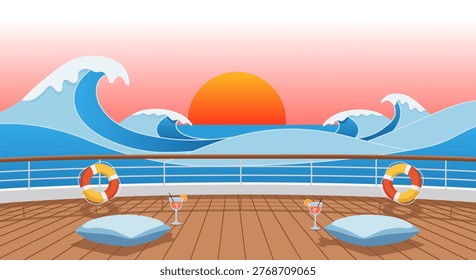 Serene illustrated cruise ship deck with wooden planks, railings, two lifebuoys, and gentle ocean waves under a soft sunset. Ideal for travel backgrounds, UI assets, or tranquil scene design.