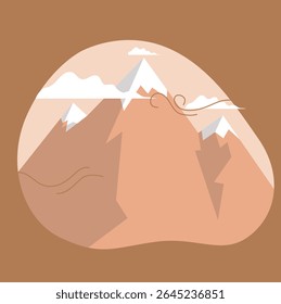 A serene illustration of abstract mountains with snow-capped peaks and flowing clouds, suitable for peaceful themes
