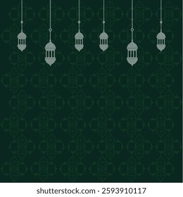 A serene illustration featuring deep green, geometric Islamic patterns with white lanterns, evoking a festive, spiritual vibe perfect for Ramadan or Eid celebrations.