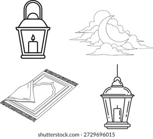 Uma ilustração serena com duas lanternas com velas, um tapete de oração e uma lua com nuvens, evocando uma sensação de calma e espiritualidade.