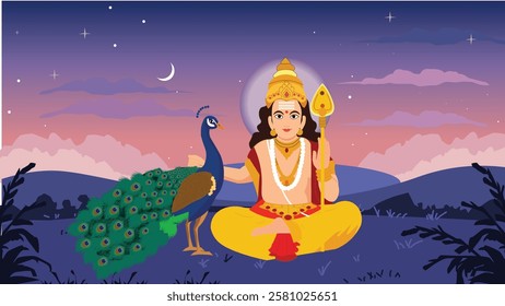 A serene illustration of Lord Kartikeya sitting in meditation, holding his Vel, with his sacred peacock beside him. The celestial background with the crescent moon symbolizes wisdom, courage