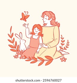 A serene illustration of a mother and daughter sitting together in nature, appreciating the beauty of the outdoors.