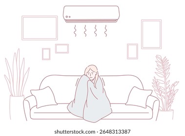 Ilustração serena de uma pessoa descansando em um sofá, envolta em um cobertor macio, desfrutando de conforto interior