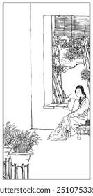 A serene illustration of a person seated on a bench by a window, holding a fan, framed by tall bamboo plants and potted greenery in a traditional garden setting.