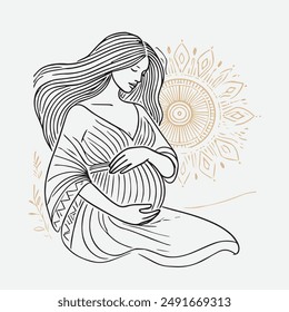 A serene illustration of a pregnant woman with flowing hair, gently cradling her belly. She is surrounded by a decorative mandala-like sun pattern, symbolizing life and motherhood. 