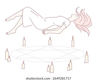 A serene illustration shows a graceful woman levitating among glowing candles, evoking mystical energy and calmness
