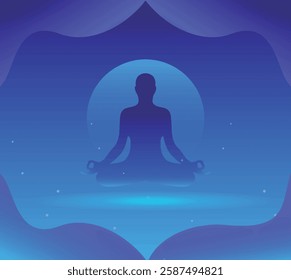 A serene illustration of a silhouetted figure in a meditative pose, set against a gradient background with a large moon or sun.