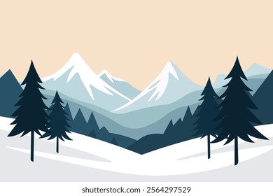 A serene illustration of snow-covered mountains with pine trees in the foreground. The mountains have white peaks, and the scene is set against a soft beige sky.