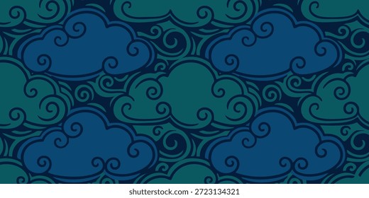A serene illustration of swirling cloud patterns against a dark blue background