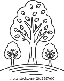 A serene illustration of a tree cluster standing on a gentle hillside landscape.