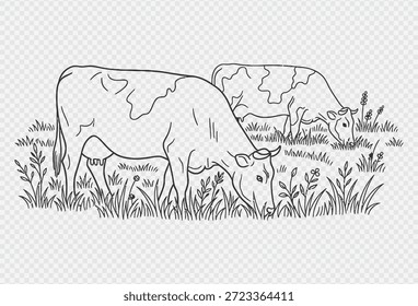 A serene illustration of two cows grazing in a lush green pasture filled with wildflowers and tall grass, showcasing a peaceful rural scene.