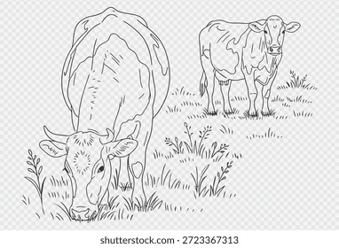 Eine ruhige Illustration von zwei Kühen, die auf einem üppigen Feld weiden, dargestellt in einfachen schwarz-weißen Linien, zeigt eine friedliche ländliche Szene mit den Kühen umgeben von hohem Gras und Pflanzen.