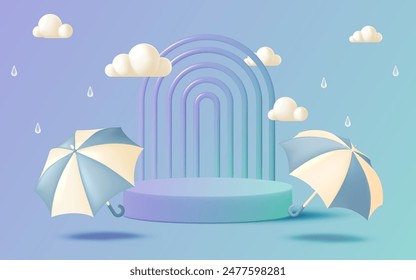 Una ilustración serena de dos paraguas, nubes esponjosas y gotas de lluvia, simbolizando la belleza tranquila de la temporada de monzones. Perfecto para celebrar los días de lluvia y el ambiente refrescante que traen.