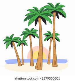 A serene illustration vector of tall tropical palms under a vibrant sunset sky, aesthetic, minimalist design