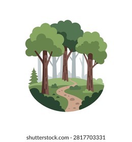 A serene illustration of a winding path through a vibrant green forest, featuring tall trees and lush undergrowth, perfect for nature-themed designs.