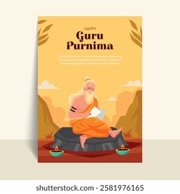 A serene illustration of a wise guru sitting on a rock, writing on a scroll. The background features mountains and decorative oil lamps, celebrating Guru Purnima.