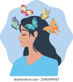 A serene illustration of a woman with closed eyes, surrounded by colorful butterflies representing positive thoughts, transformation, and mental well-being. Ideal for content focused on mental health