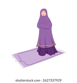A serene illustration of a woman in a flowing purple hijab, standing in prayer on a prayer rug.