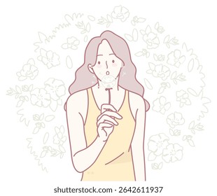 Uma ilustração serena de uma mulher em um top de tanque amarelo, perdido em pensamento em meio a um fundo floral vibrante