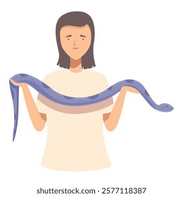 Serene image of a cartoon woman carefully holding a long, blue snake