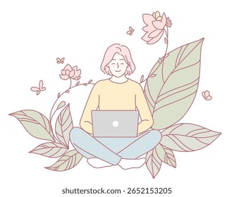 A serene image of a woman focused on her laptop, surrounded by vibrant flowers and lush green leaves