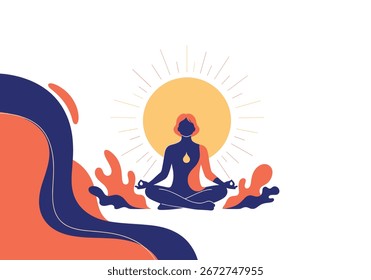 Serene individual practicing meditation under sunlight with nature elements inspiring calmness and balance