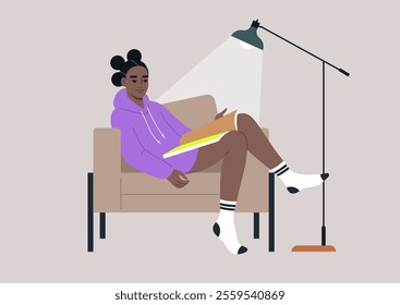 In a serene indoor setting, an African student lounges comfortably in a chair, deeply engaged in a colorful magazine, illuminated by a warm lamp light