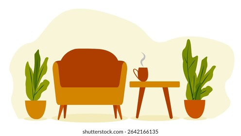 A serene indoor setting features a warm-toned chair beside a small table with a steaming cup. Lush potted plants add a touch of nature and tranquility to the atmosphere