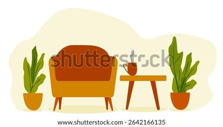 A serene indoor setting features a warm-toned chair beside a small table with a steaming cup. Lush potted plants add a touch of nature and tranquility to the atmosphere
