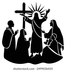 A serene and inspirational vector illustration depicting Jesus extending his hand in blessing towards a diverse group of people. 