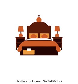 Una escena interior serena con un dormitorio decorado con cálidos tonos tierra, ropa de cama de terracota y una amplia iluminación natural.