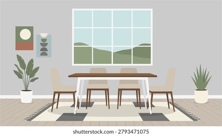 A serene interior scene featuring a modern dining set potted greenery and geometric wall decor. Ideal for lifestyle home decor and interior design concepts.