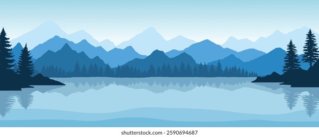 A serene lake mirrors the blue and green hues of mountains in the background. Evergreen trees line the shore creating a peaceful atmosphere during daylight.