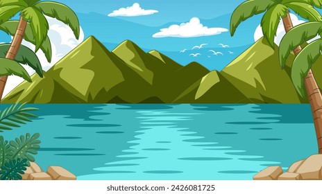 Serene lake with mountains and palm trees