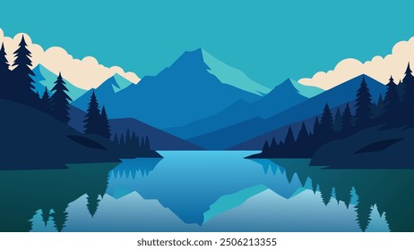 
Ein ruhiger See inmitten üppiger Bäume und majestätischer Berge, der die Schönheit der Natur widerspiegelt, eine flache Vektorgrafik.