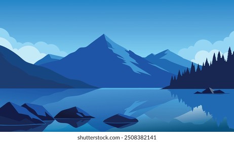 Um lago sereno cercado por rochas, com montanhas majestosas subindo ao fundo sob uma ilustração clara do vetor plano do céu azul.